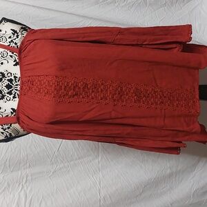 Liberty Love Off the Shoulder Boho Blouse with lace detail in burnt orange. 1XL
